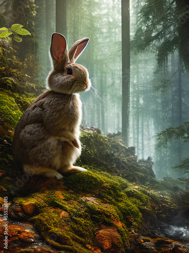 Cute bunny, rabbit in beautiful forest landscape, Generative AI