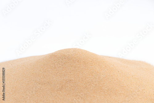 Small size fine Sand flying pile, Golden grain like glass. Abstract silica material set. Yellow colored sand close up detail texture. White background Isolated
