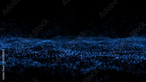 An abstract shaky oscillating surface of blue particles on a dark background. Chaotically flying small snowflakes above the surface of the snow.