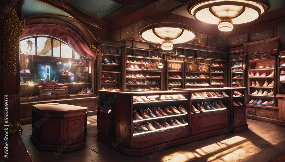 The painting depicts the interior of a magical fairy shoe store, adorned with decorative details and embellishments creating a whimsical and fantastical atmosphere. Generative AI