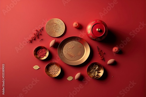 red background flatlay with chinese lunar new year elements, 3d rendering