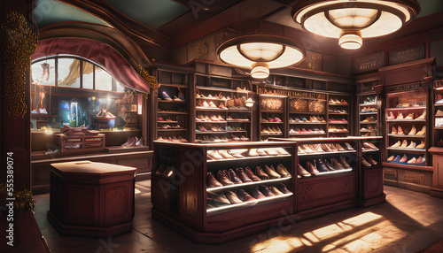 The painting depicts the interior of a magical fairy shoe store  adorned with decorative details and embellishments creating a whimsical and fantastical atmosphere. Generative AI