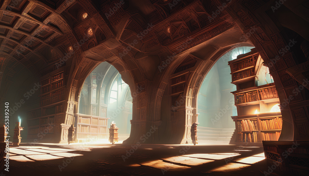 The painting depicts a historical underground ancient library, complete with rows of shelves filled with old, leather-bound books and dim lighting. Generative AI