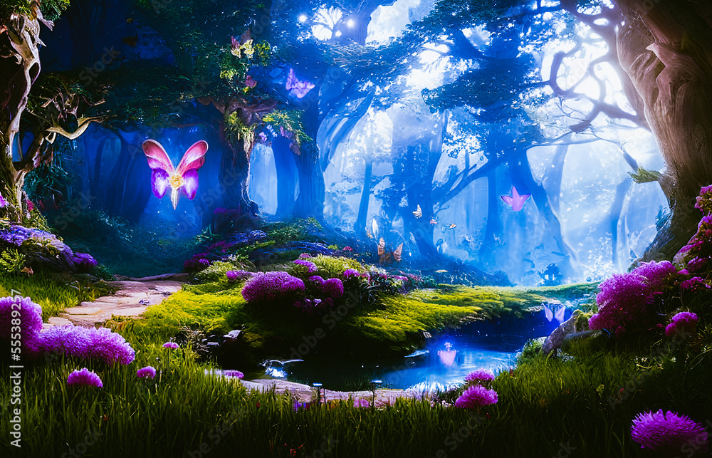 Fantasy surreal landscape. Mushrooms and butterfly in background. Tender and dreamy design, Generative AI