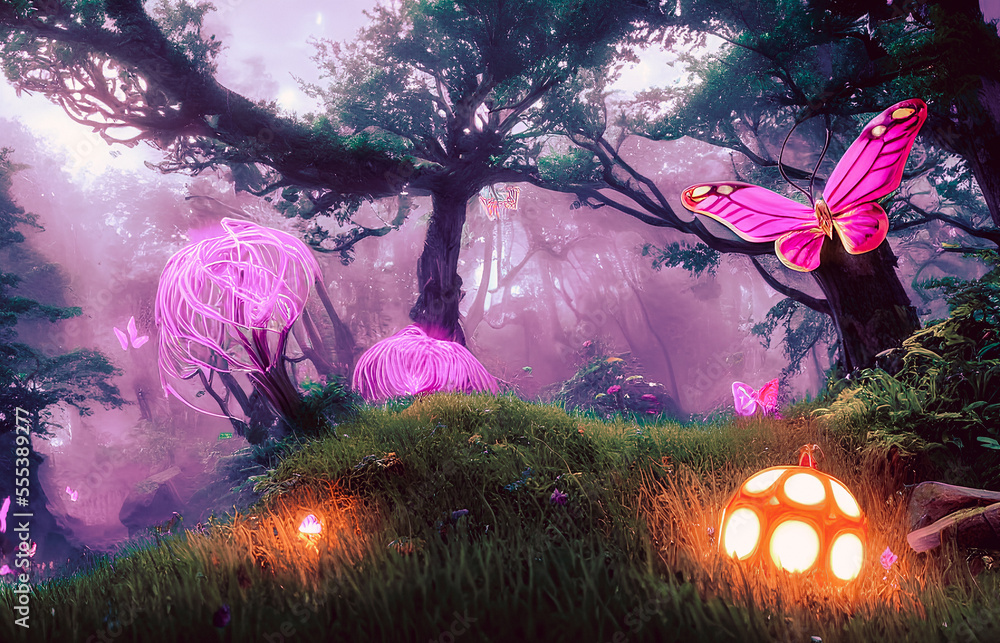 Fototapeta premium Fantasy surreal landscape. Mushrooms and butterfly in background. Tender and dreamy design, Generative AI