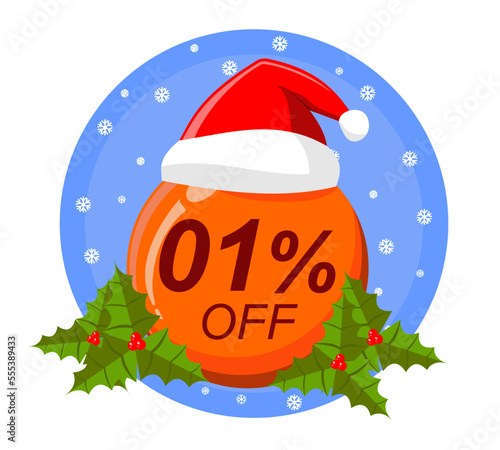 Christmas special sale tag with 1% one percent off, vector illustration, ball ornament.