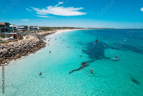 Fototapeta Naklejka Na Ścianę i Meble -  Aerial view of Coogee Beach and the Omeo Shipwreck in Coogee, Western Australia