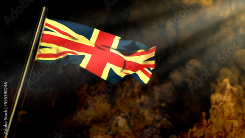 defocused United Kingdom (UK) flag on smoke with sun beams bg - disaster concept - abstract 3D rendering