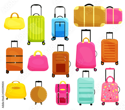A set of different types of luggage and portable bags for travel. cartoon style. Vector stock illustration. Briefcase. Items. Shopping. White background. Isolated