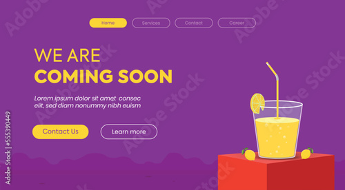 we are coming soon. we are coming soon announcement web page. restaurant opening soon announcement web page with a glass of fresh lemonade. web page template in purple color. Learn more. Contact us.