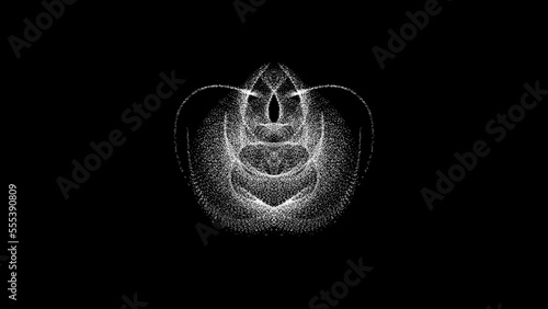 Abstract flower, buddhist symbol consisting of a huge number of moving particles on black background. Science concept. 3D render