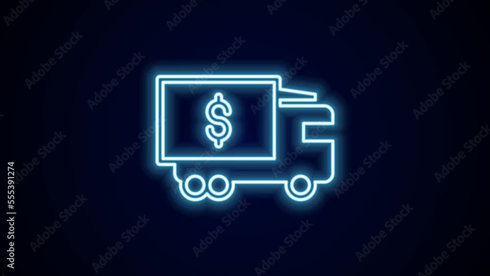Glowing neon line Armored truck icon isolated on black background. 4K Video motion graphic animation