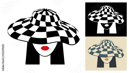 Young girl in wide checkered hat with long black hair. Sketch of female character with black lines. Minimalistic Vector isolated on white background