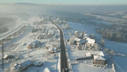 Aerial shot of E77 road between Krakow and Zakopane known as Zakopianka, Poland