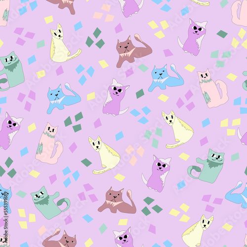 Fototapeta Naklejka Na Ścianę i Meble -  pattern with funny cartoon cats. Pattern for fabric, children's clothing, packaging, wallpaper, textiles
