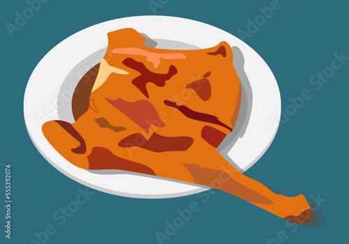 Cordero lechal asado en salsa sobre un plato blanco sobre fondo verde. Plato navideño de carne