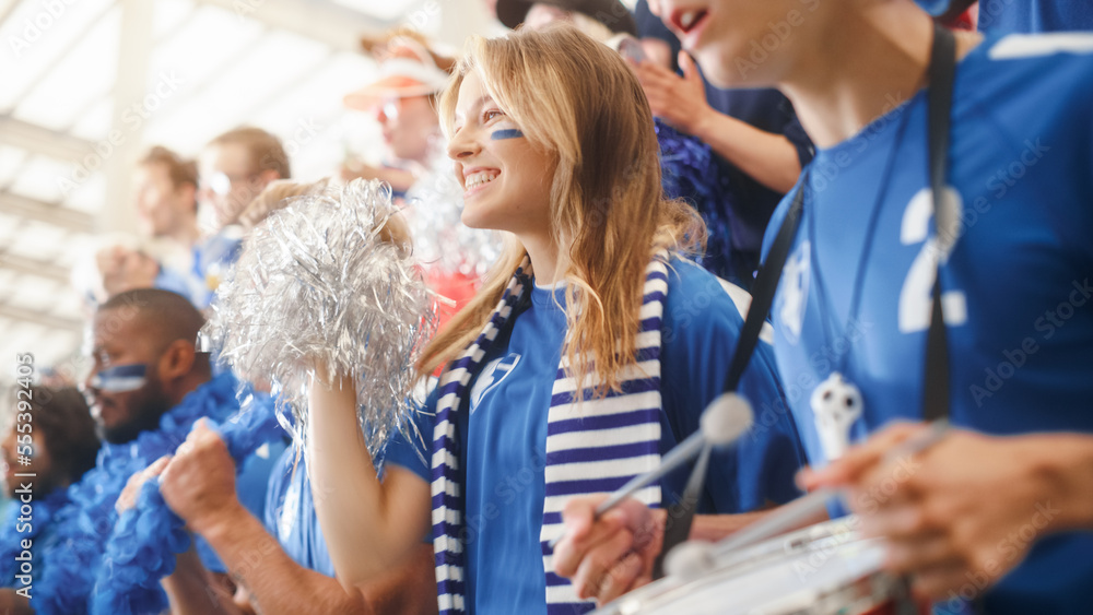 Fototapeta premium Sport Stadium Big Event: Beautiful Cheering Girl. Crowd of Fans with Painted Faces Cheer, Shout for their Blue Soccer Team to Win. People Celebrate Scoring a Goal, Championship Victory