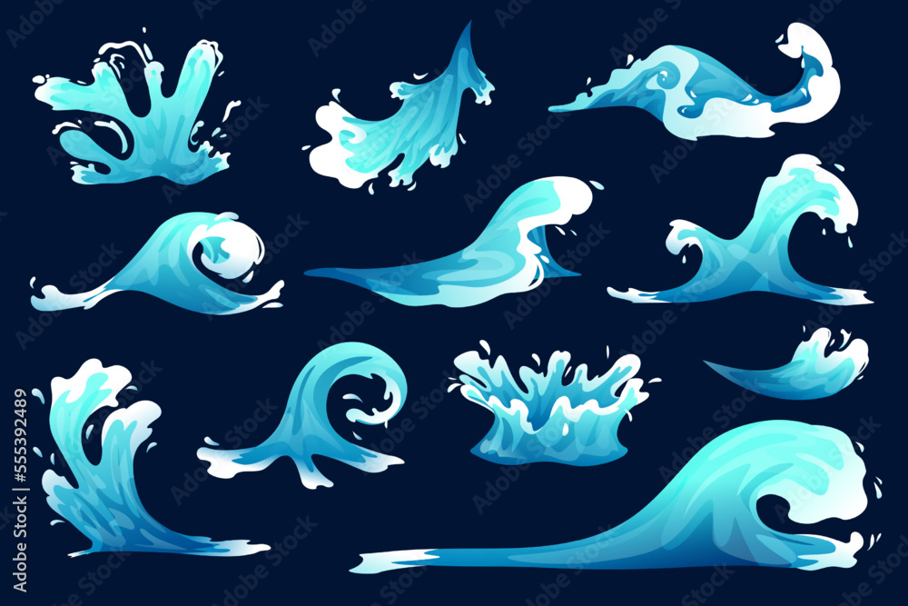 Water splash, vfx game cartoon set. Blue water spray motion, spatter blast, drip or ripple, Vector illustration Water splash, vfx game cartoon set. Blue water spray motion, spatter blast, drip or ripple, Vector illustration
