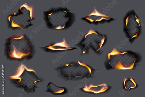 Burning holes, fire flames. Realistic burnt paper. Burned paper realistic fire flame isolated page sheet torn ash vector illustration