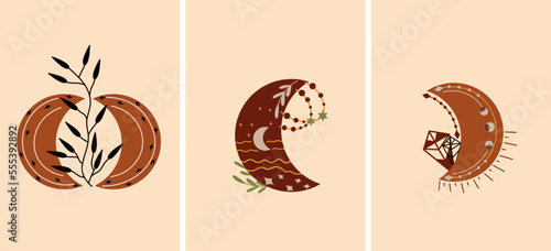 Collection of mystical celestial moon. Bohemian moon poster is perfect for banner, poster, greeting card. Bohemian Witchcraft moon. Vector illustration.