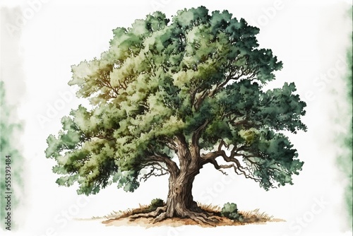 Oak.Deciduous tree.Watercolor illustration.White background, AI ART