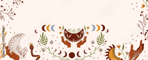 Banner in boho style with a hand holding the moon, mystical snake, sun, flowers and leaves. Minimalist boho design is perfect for posters, cards. Astrological symbols. Vector illustration