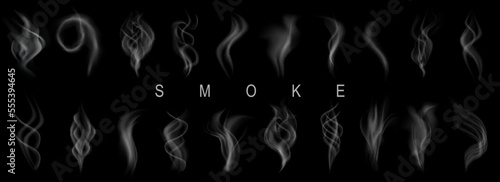 Set of realistic transparent smoke or steam isolated in white and gray colors, fog and mist effect. Collection of white smoke steam, waves from tea, coffee, hot food, cigarettes - for stock