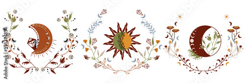 Astrological symbols, mystical moon, flowers, colorful leaves, stars. Boho composition is ideal for banners, posters, cards. Celestial moon. Vector illustration