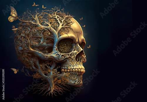 An Ornate Human Skull with Tree Growing out of it and Butterflies Flying Around made with Generative AI