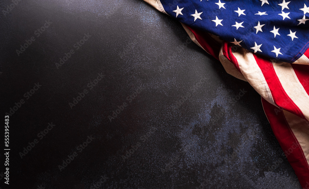 Happy Presidents day concept made from American flag on dark stone background. - obrazy, fototapety, plakaty 