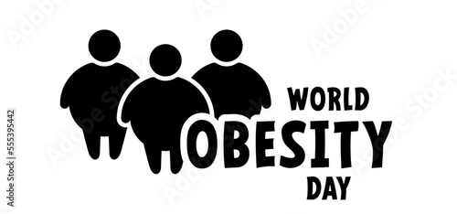Cartoon world obesity day or celebration. Obese people on unhealthy with BMI, overweight, obesity problem. Fat, calories man or woman. Body mass index. Causes of the disease.