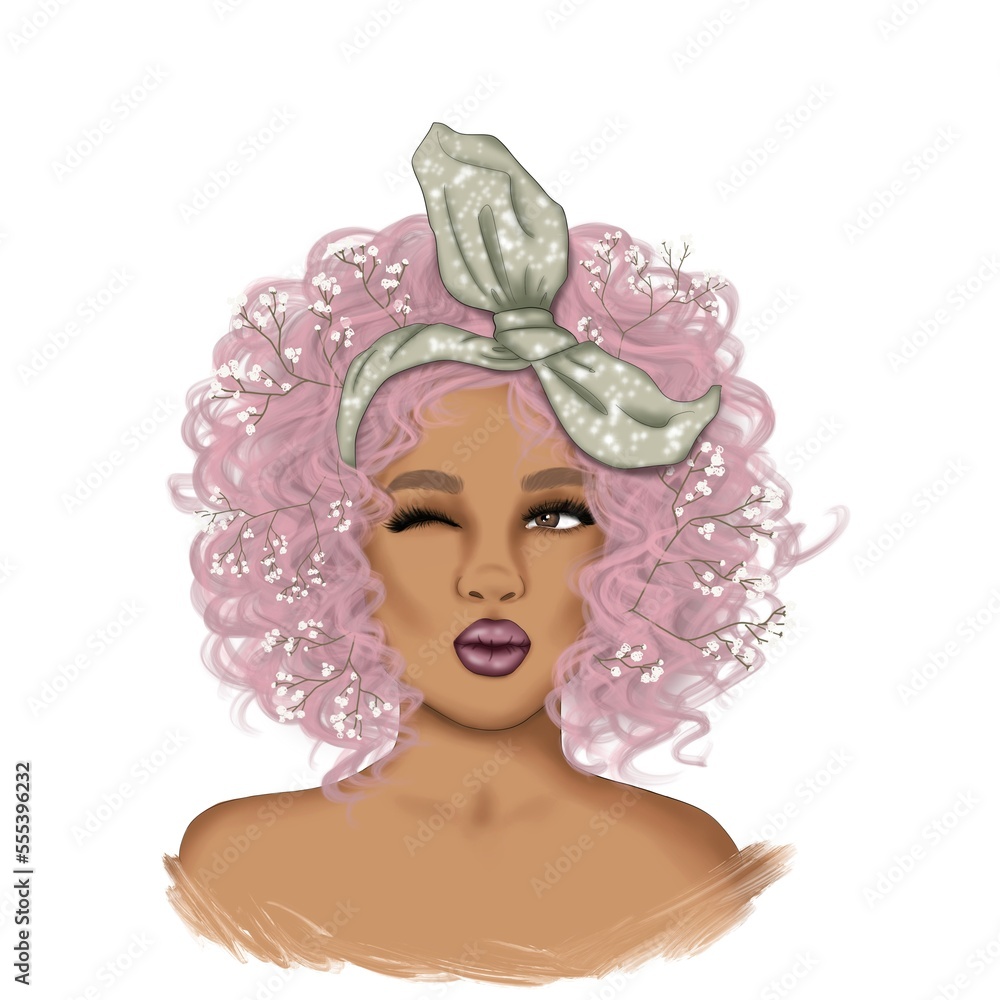 Fashion Pink Hair Girl Isolated On A White Background Hand Drawn Scarf In The Hair Illustration