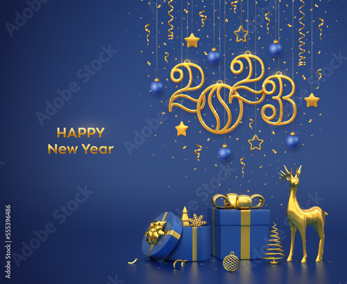 Happy New 2023 Year. Hanging golden metallic numbers 2023 with stars, snowflake, balls on blue background. Gift boxes, gold deer and golden metallic pine or fir, spruce trees. Vector illustration. photo