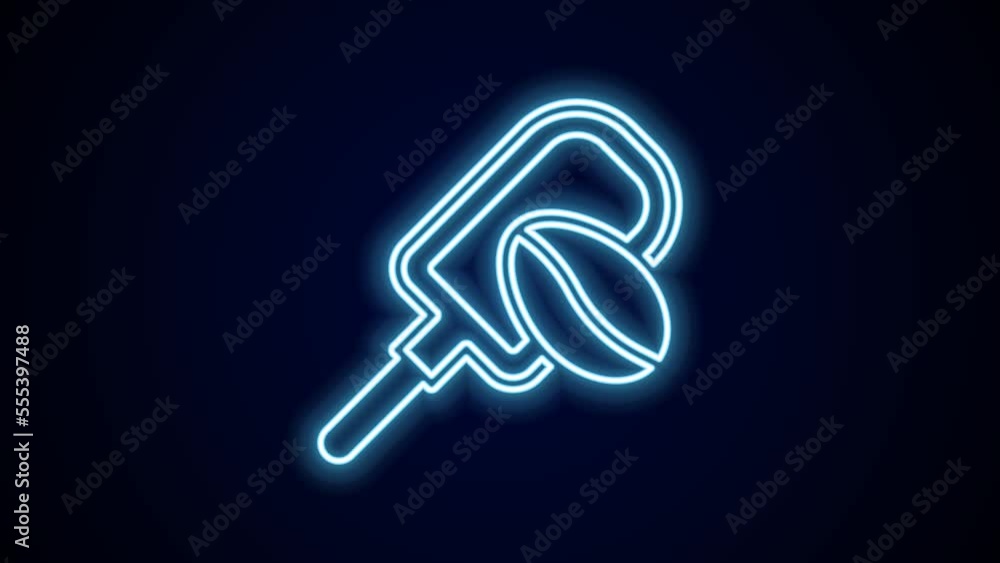 Glowing neon line Spatula with coffee grain icon isolated on black background. Coffee beans. 4K Video motion graphic animation Glowing neon line Spatula with coffee grain icon isolated on black background. Coffee beans. 4K Video motion graphic animation