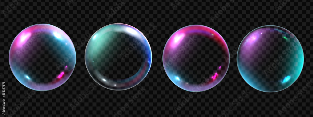 Soap bubble 3D vector set, transparent magic glass air rainbow ball kit ...