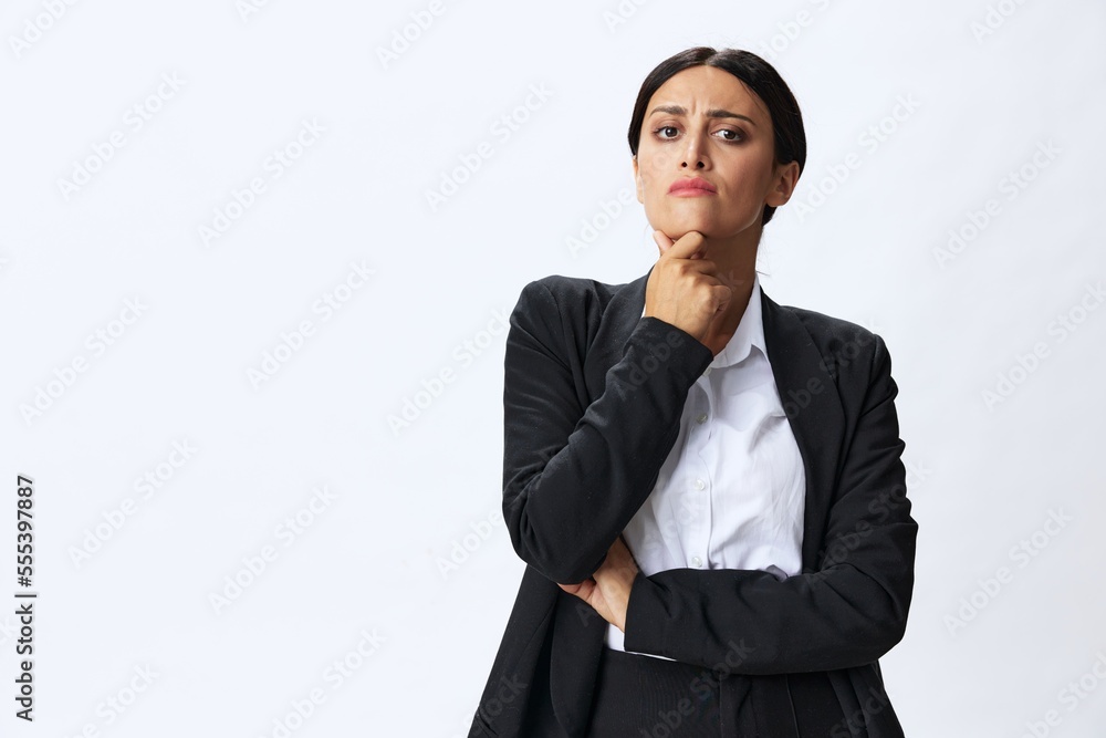 Business woman in black business suit shows signals gestures and emotions on white background, freelancer job online time management, teacher science Business woman in black business suit shows signals gestures and emotions on white background, freelancer job online time management, teacher science