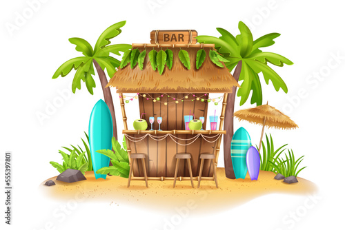 Beach bar tropical hut, vector summer Hawaii tiki restaurant terrace, palm tree, seashore sand chair. Cartoon cocktail party concept, paradise vacation tropics island. Aloha beach bar resort clipart
