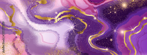 Marble golden abstract background, pink glitter shiny pattern, color wave wedding liquid texture. Purple agate stone wallpaper, alcohol inc effect, wet fluid painting illustration. Pink marble design