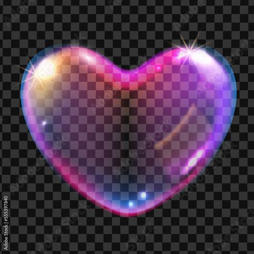 3D heart magic bubble overlay vector illustration, pink Valentine Day balloon, glossy love icon. Soapy foam transparent wedding shape, colorful shiny rainbow ball. Heart bubble abstract design element