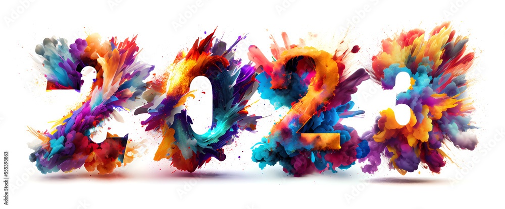 2023 Happy New Year celebration banner with colorful 3D numbers made of paint splashes isolated on white background, created with Generative AI technology - obrazy, fototapety, plakaty 