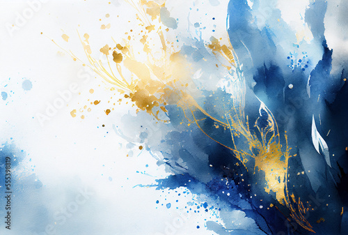 Abstract blue and metallic gold watercolor background, paint texture, created with Generative AI technology