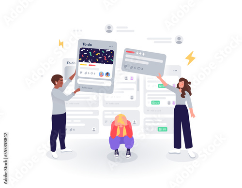 Girl has stress at work because colleagues give her many tasks. vector illustration.