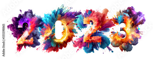 2023 Happy New Year celebration banner with colorful 3D numbers made of colorful paint splashes isolated on white background, created with Generative AI technology