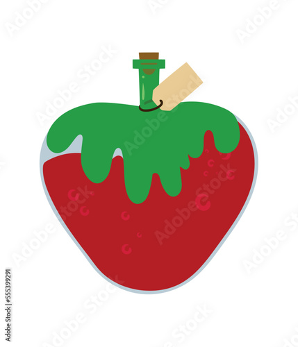 Concept of magic potion bottle in form of poisonous apple. Vector illustration. Image of bottle isolated on white background. Thematic design element for website menu brochures posters covers