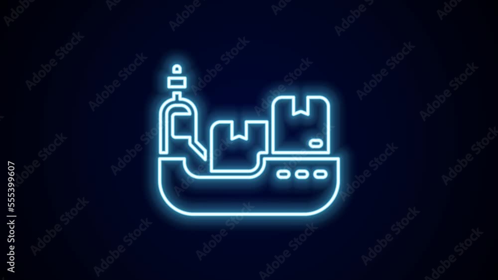 Glowing neon line Cargo ship with boxes delivery service icon isolated on black background. Delivery, transportation. Freighter with parcels, boxes, goods. 4K Video motion graphic animation Glowing neon line Cargo ship with boxes delivery service icon isolated on black background. Delivery, transportation. Freighter with parcels, boxes, goods. 4K Video motion graphic animation