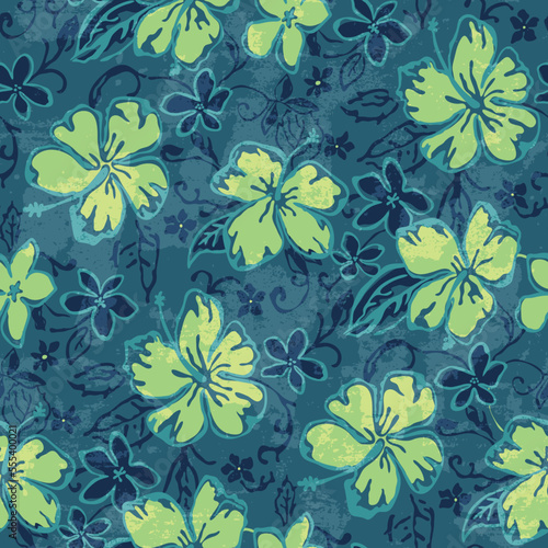 Tropical hibiscus and frangipani  flowers wallpaper vintage vector seamless pattern grunge effect in separate layer