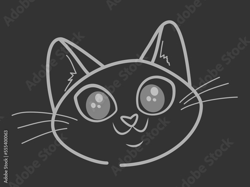 Cat's head icon with line style isolated on dark background. Vector illustration, stylized silhouette. Gray kitten mascot icon. Cat face with big eyes. Imitation of a drawing on a chalkboard. photo