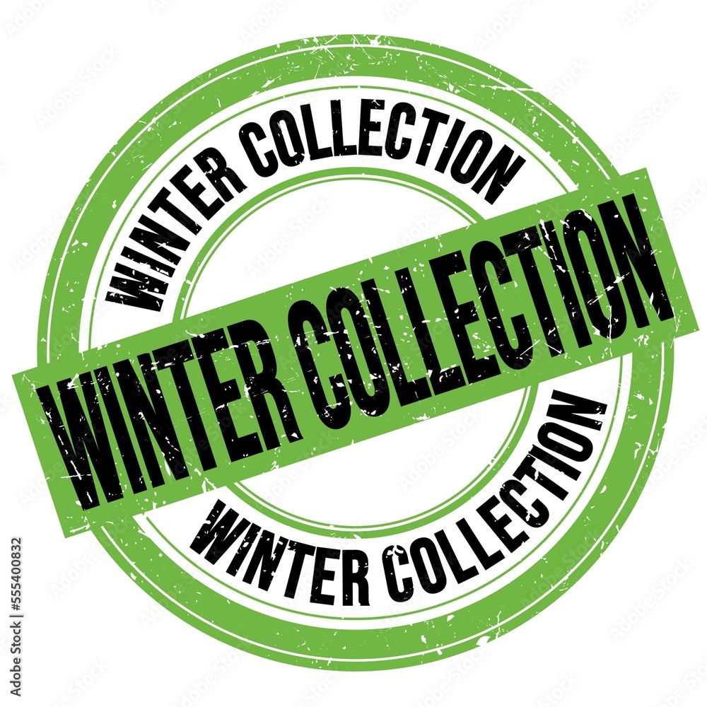 WINTER COLLECTION text written on green-black round stamp sign WINTER COLLECTION text written on green-black round stamp sign