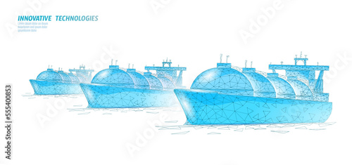 Tanker ship liquified gas transportation symbol. 3D low poly industrial oil refinery technology. Delivery petrol fuel cargo. Ocean LPG tank propane vector illustration