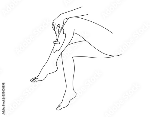 A woman shaving her legs. Hair removal. Beauty body care concept. Linear logo minimalist style. Vector design illustration.